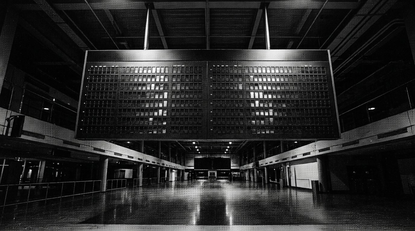 An empty departures hall under a split-flap board